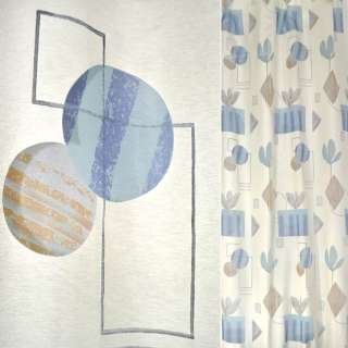 Органза деворе тюль геометрические фигуры синие, голубе, оранжевые, молочная, ш.135