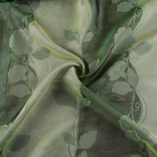 Органза фукра тюль двойная полосы с цветами зеленая,