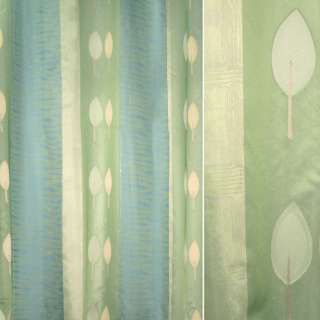 Органза фукра тюль двойная листья бежево-оливковые, полоски зелено-синие, ш.330