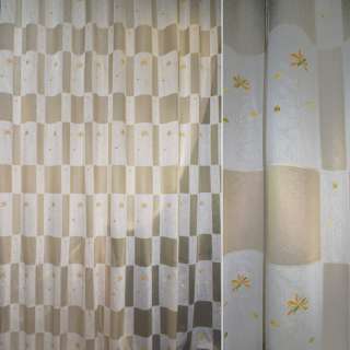 Органза фукра тюль двойная прямоугольники молочные с цветами желтыми, бежевая, ш.320