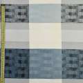 Жаккард для штор полосы квадраты синие серые на кремовом фоне, ш.140
