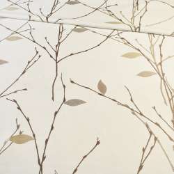 Атлас жаккард для штор веточки листья коричнево-бежевые на белом фоне, ш.154