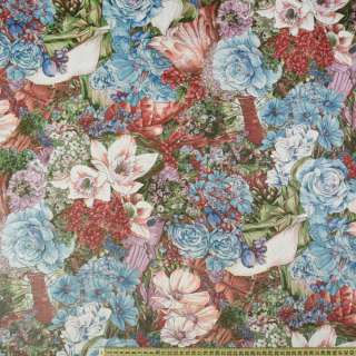 Сатин для штор цветы голубые, розовые на терракотовом темном фоне, ш.140