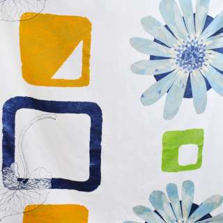Сатин для штор цветы крупные голубые, квадраты цветные на белом фоне, ш.140