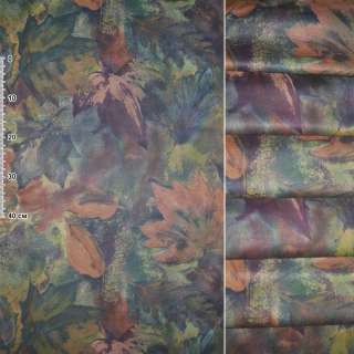 Бавовна штор листя зелені, фіолетові, теракотові на зеленому тлі, ш.140