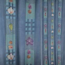 Поликоттон для штор полосы бирюзовые, орхидеии на голубом фоне, ш.140