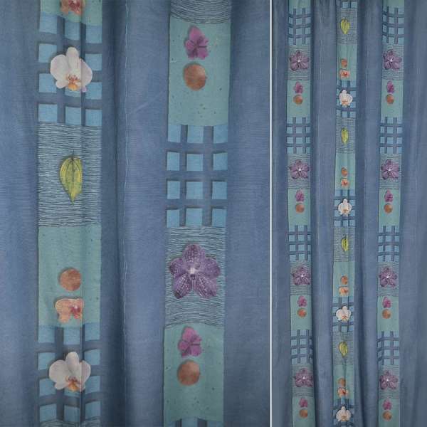 Поликоттон для штор полосы бирюзовые, орхидеии на голубом фоне, ш.140