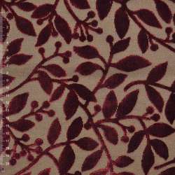 Велюр жаккард мебельный листья бордовые на коричневом фоне, ш.140