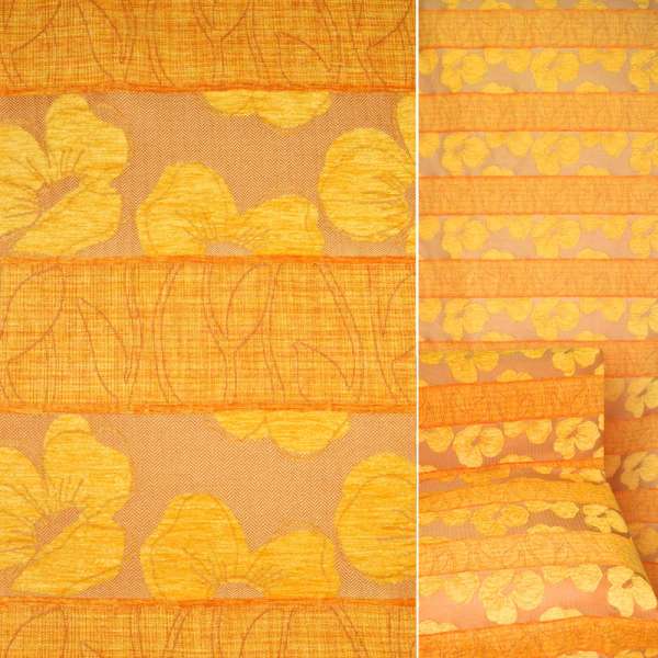 Шенілл жакард меблевий квіти жовті, смуги помаранчеві на бежевому тлі в ялинку, ш.140