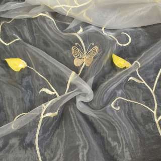 Органза тюль вышивка бабочки с нашитые розы желтые, молочный ш.270