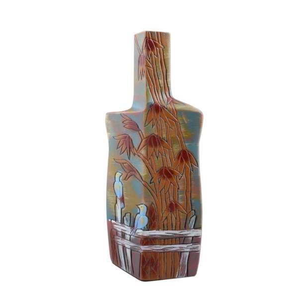 Ваза кераміка пляшка гранована бамбук птиці 31 см блакитна з коричневим