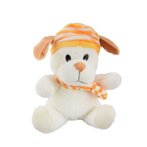 М'яка іграшка собачка в смугастій жовтої шапці з шарфиком 25 см молочна