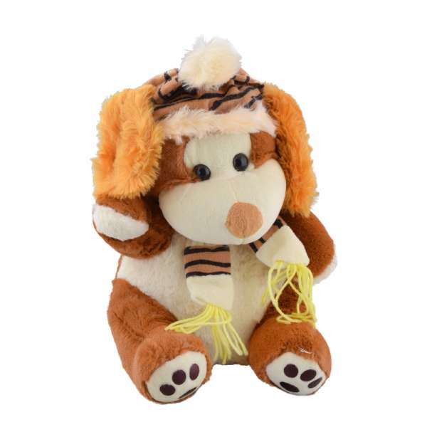 М'яка іграшка собачка в шапці з шарфиком 30 см коричнева з білою мордочкою