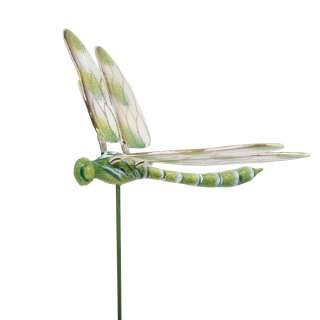 Декор для растений на металлическом стержне стрекоза зелено-белая