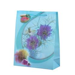 Пакет подарочный 23х18х7,5 см с цветами фиолетовыми бирюзовый