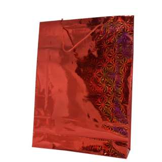 Пакет подарочный голограмма 25х34 см снежинки красный