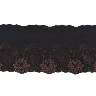 Мереживо стрейч чорне з коричневим квітами, ш.13см, 1-стор