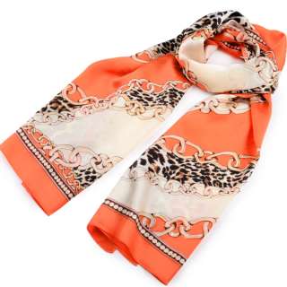 Платок-шарф шелковый с золотой печатью 53х174 см цепи, леопардовый принт, оранжевый