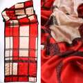 Платок-шарф шелковый с золотой печатью 54х174 см в клетку, принт кружево, бежево-красный