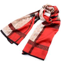Платок-шарф шелковый с золотой печатью 54х174 см в клетку, принт кружево, бежево-красный