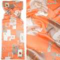 Платок-шарф шелковый 52х170 см вензеля, монеты, оранжево-бежевый