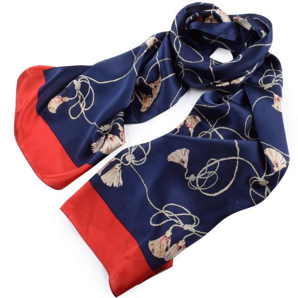Платок-шарф шелковый 53х176 см шнуры с кистями, красная кайма, синий