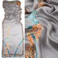 Платок-шарф шелковый 53х175 см принт буквы, голубой ремень, кисти, серый