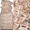 Платок-шарф шелковый 52х170 см квадраты, кони, молочный